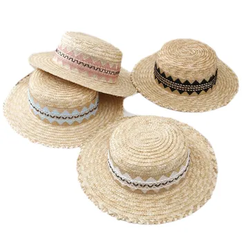 2022 new fashion chic women ladies ethic ribbon Sun Hat flat top wide Brim boater dress beach hats