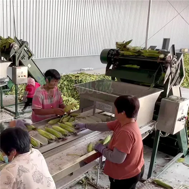 Industrial continuous fresh corn peeling, washing, blanching, air drying, packaging and freezing processing production line