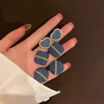 Women diamonds alloy blue bow heart denim fabric hoop earring african fabric earring