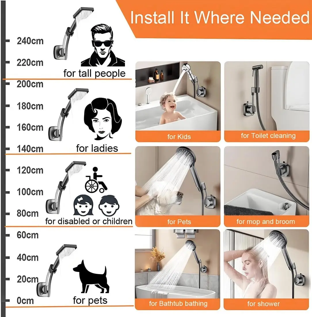 Flexible shower holder VELLORA with vacuum suction cup, with hook, no drilling