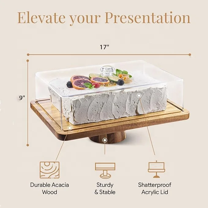 2 In1elegant Rectangular Rustic Acacia Wood Cake Stand With Large Acrylic Dome Cover Lid