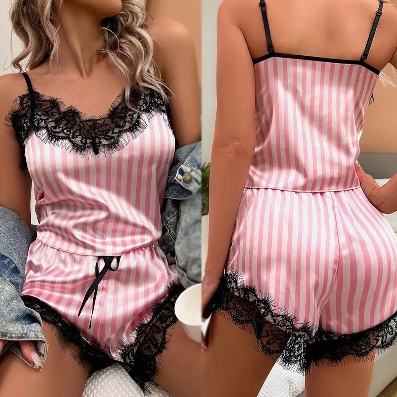 European American Summer Sexy Lingerie Spaghetti Strap Pink Striped Satin Silk Lace Elastic Waist