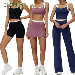 New Arrived Women Tennis Wear Color Blocking Skirt Tracksuit 2 in 1 Gym Fitness Yoga Wear High Stretchy Sports Set