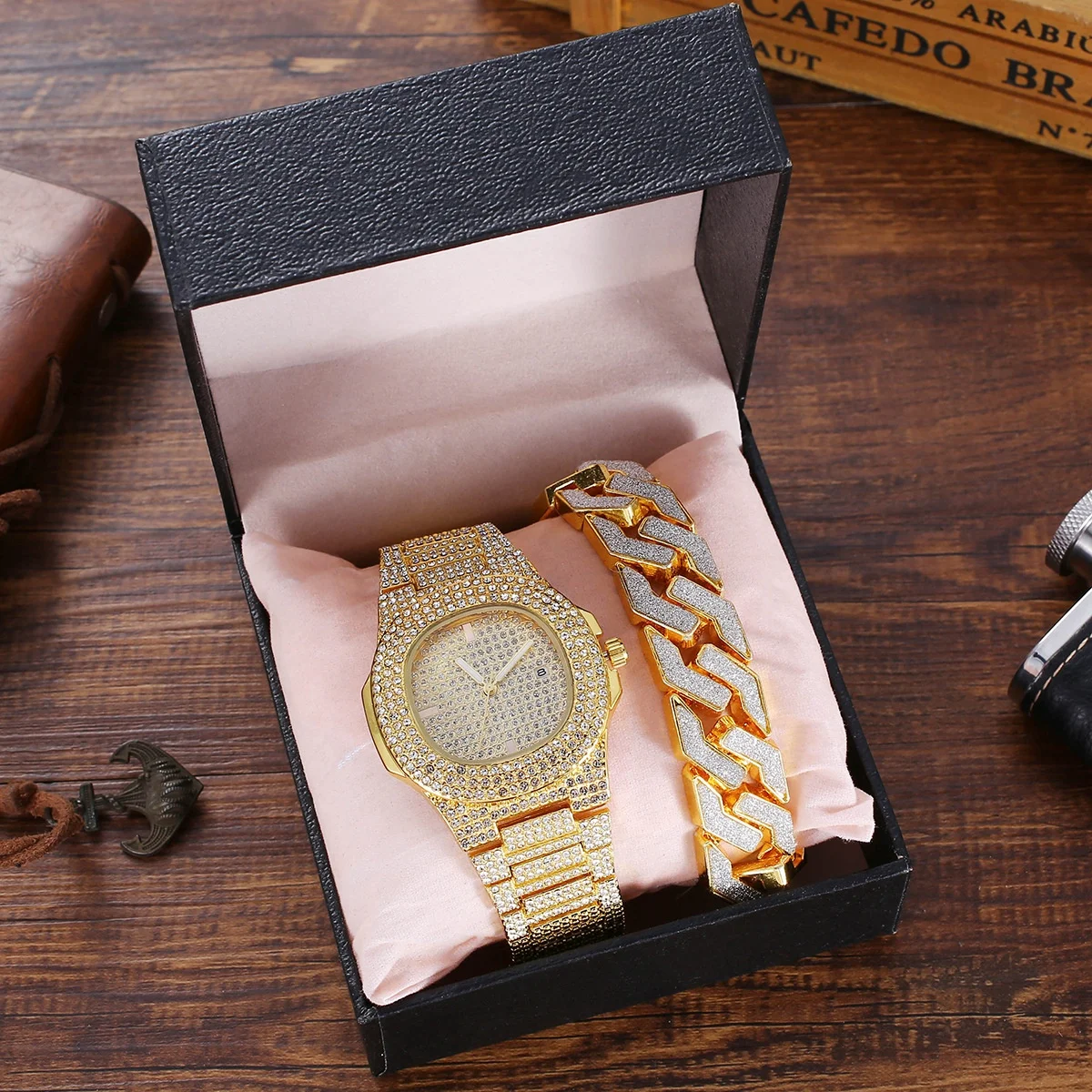 iced out watch bracelet set