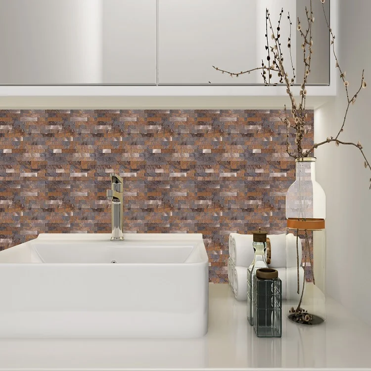 Diy Sheet Copper and Rock Composite Backsplash Decoration Metal and Stone Pattern PVC Mixed Peel and Stick Tile