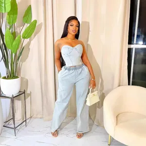 2026 New Design Women Sleeveless Stretchy Denim Top and Pants Two-piece Denim Sets Off Shoulder Shirts Tube Top Sweat Pants Suit