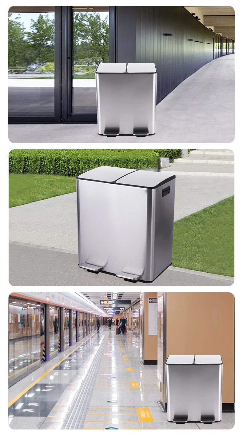 Trash Can Stainless Steel Double Compartment Classified Kitchen Trash Can with Plastic Inner Buckets 2 X 30 Liter Dual