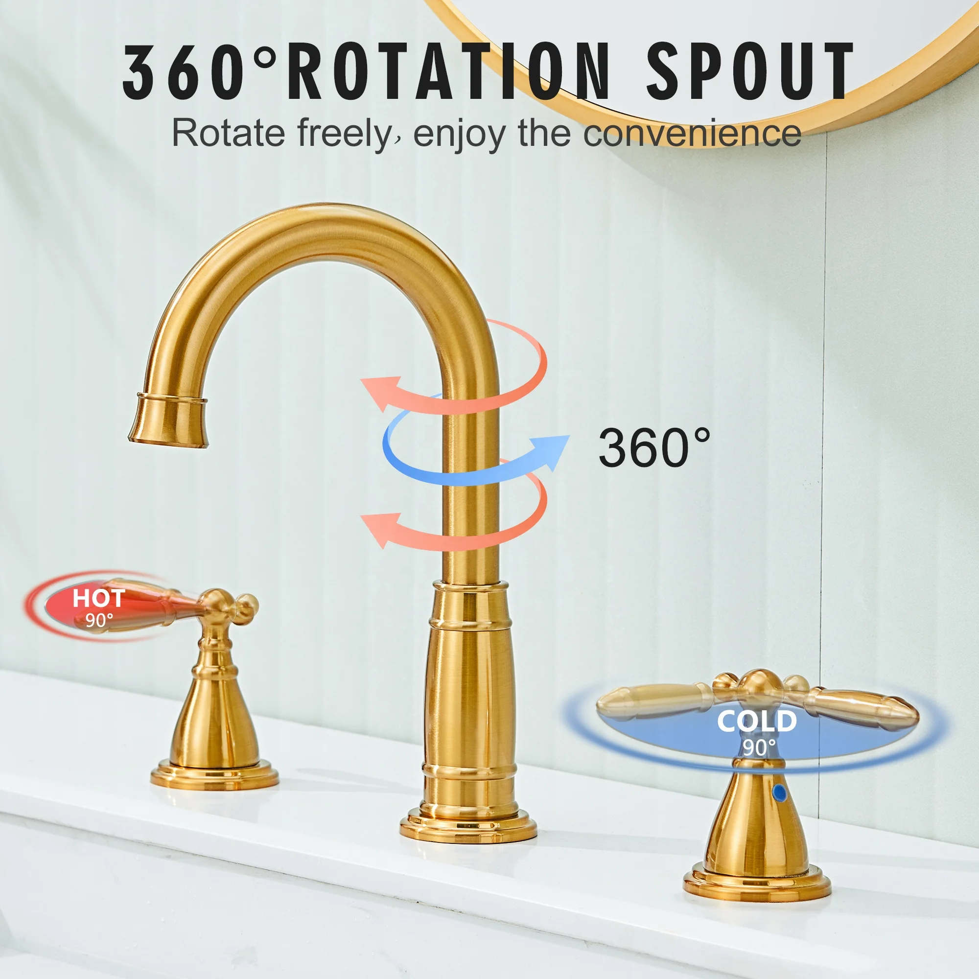 Traditional Brushed Gold 3 Hole Widespread Bathroom Sink Faucet 360 Degree Swivel Spout Dual Handle High Arch Lavatory Mixer Tap