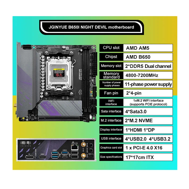 JGINYUE B650i Night Devil AM5 ITX DDR5 Gaming Motherboard for