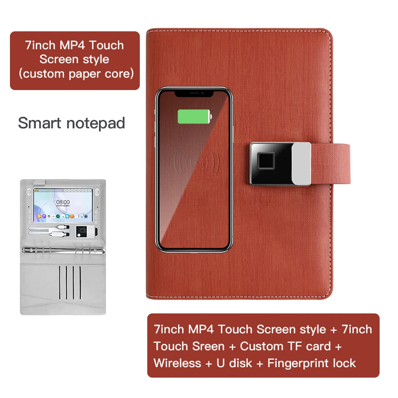 Customized OEM Fingerprint Unlock Diary 7 Inch MP4 LCD Screen Smart Notebook Leather Smart Notebook with Powerbank