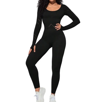 Women's Crew Neck Open Back Romper One Piece Long Sleeve Workout Unitard Long Jumpsuits Workout Jumpsuit Women's Sportswear