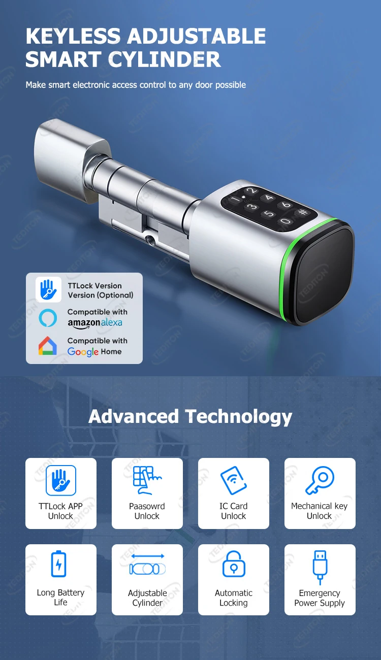 Tediton 2023 New Design European Ttlock App Passcode Smart Cylinder