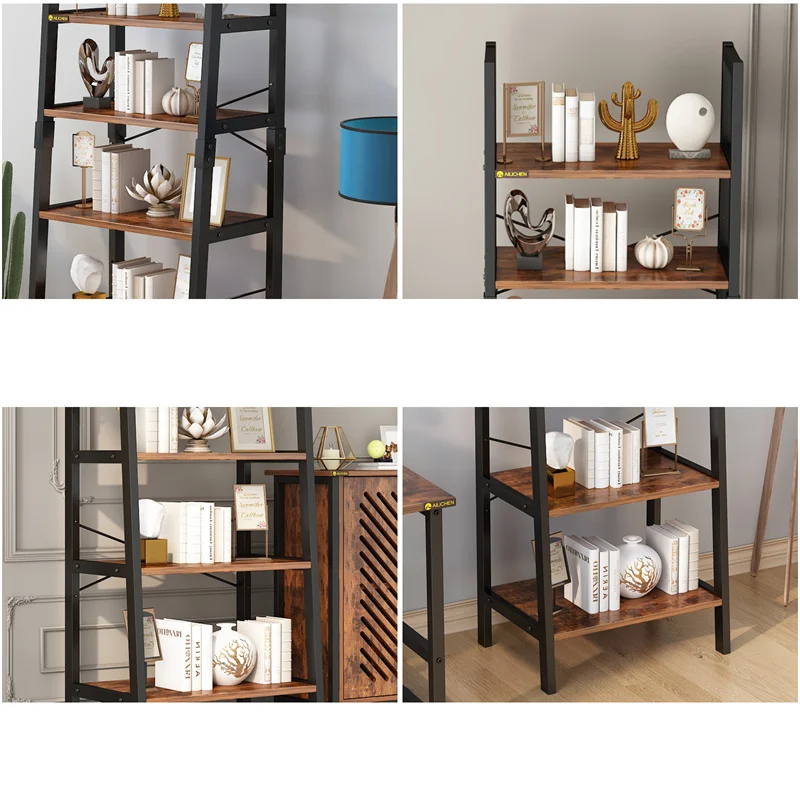 YQ Forever Furniture Modern Design Wood and Black Metal Living Room Decorative Storage Rack Bookcase Bookshelves Cabinet