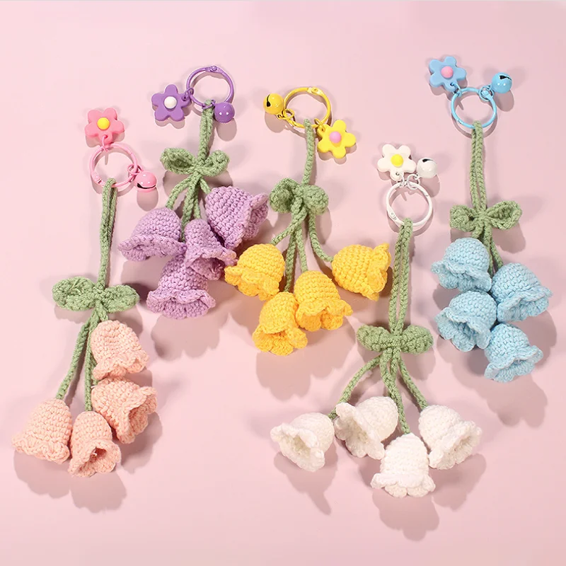 Portachiavi Donna Con Catena Di Perle Bianche E Fiore A Maglia A Forma