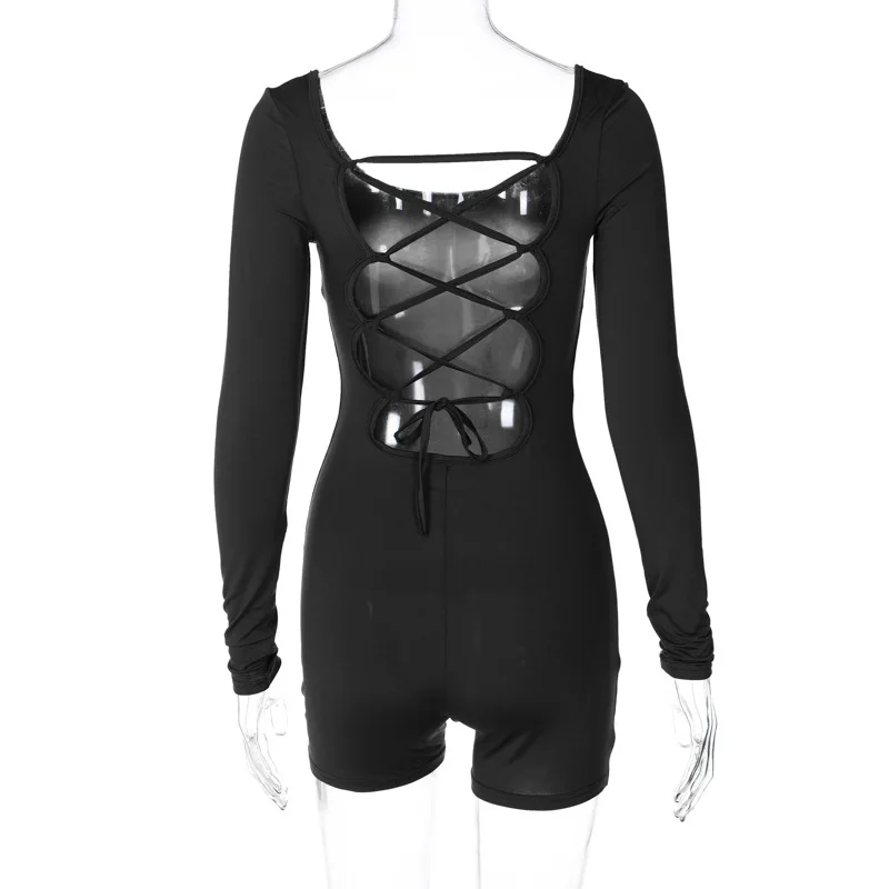 Solid Color Long Sleeve Deep U Neck Lace Up Bondage Backless Fitness