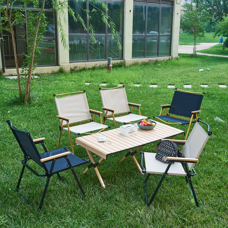 Garden Art Folding Portable Metal Camping Chair with Wooden Armset