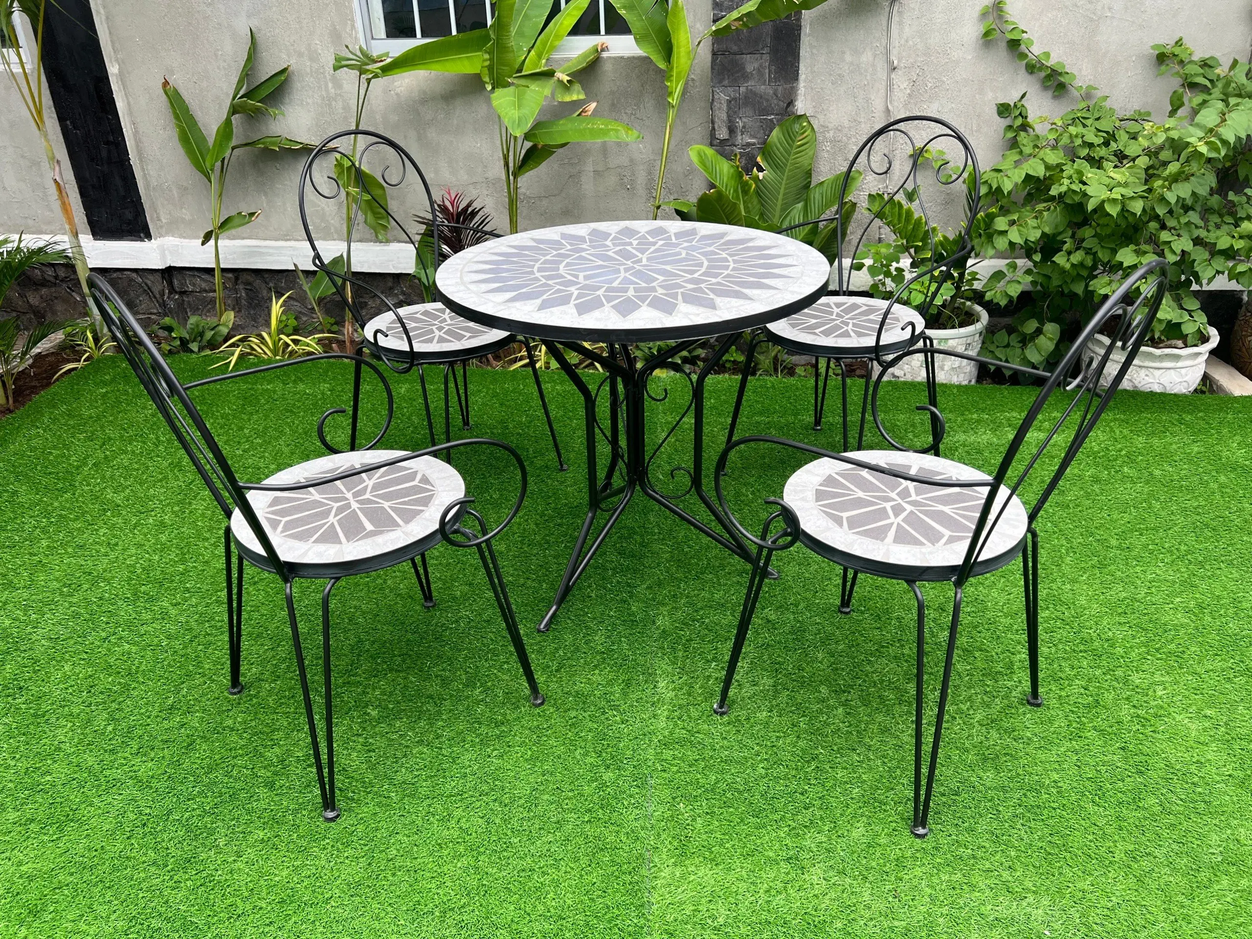 Patio Dining Set Round Mosaic Table with 4 Patio Folding Chairs Garden Outdoor Table and Chairs