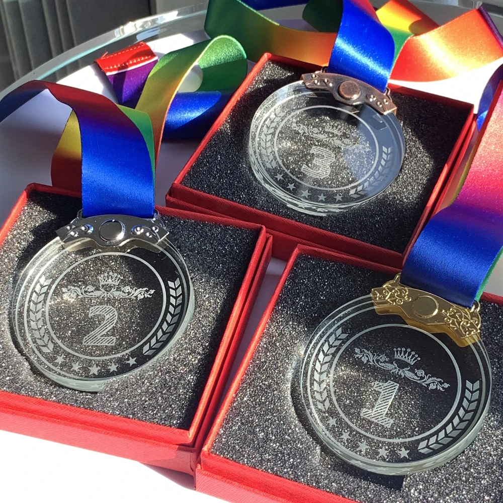 Custom Blank Faceted Plexiglass Commemorative Medal Sport Brass Gold Silver Trophy Perfect Winners Finalists Crystal Glass Medal