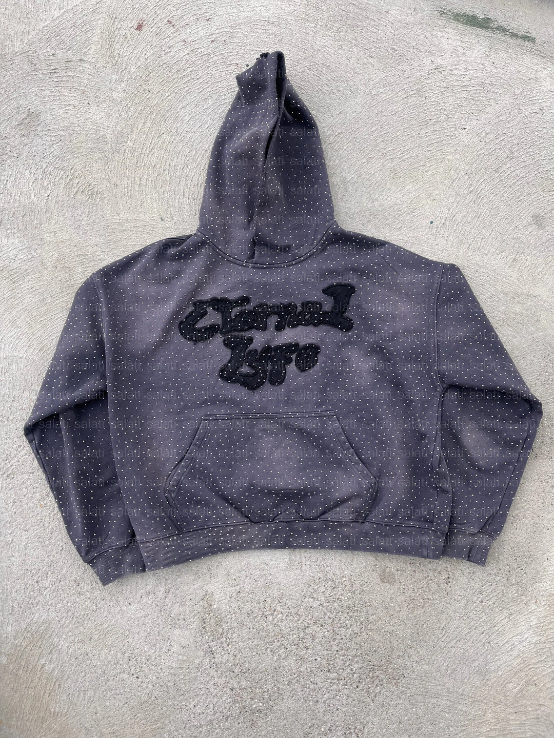 Custom Fleece 500 GSM Pull Over Faded Distressed Applique Embroidery Acid Wash Hoddies Sweatshirt Unisex Rhinestone Hoodies Mens gallery 2