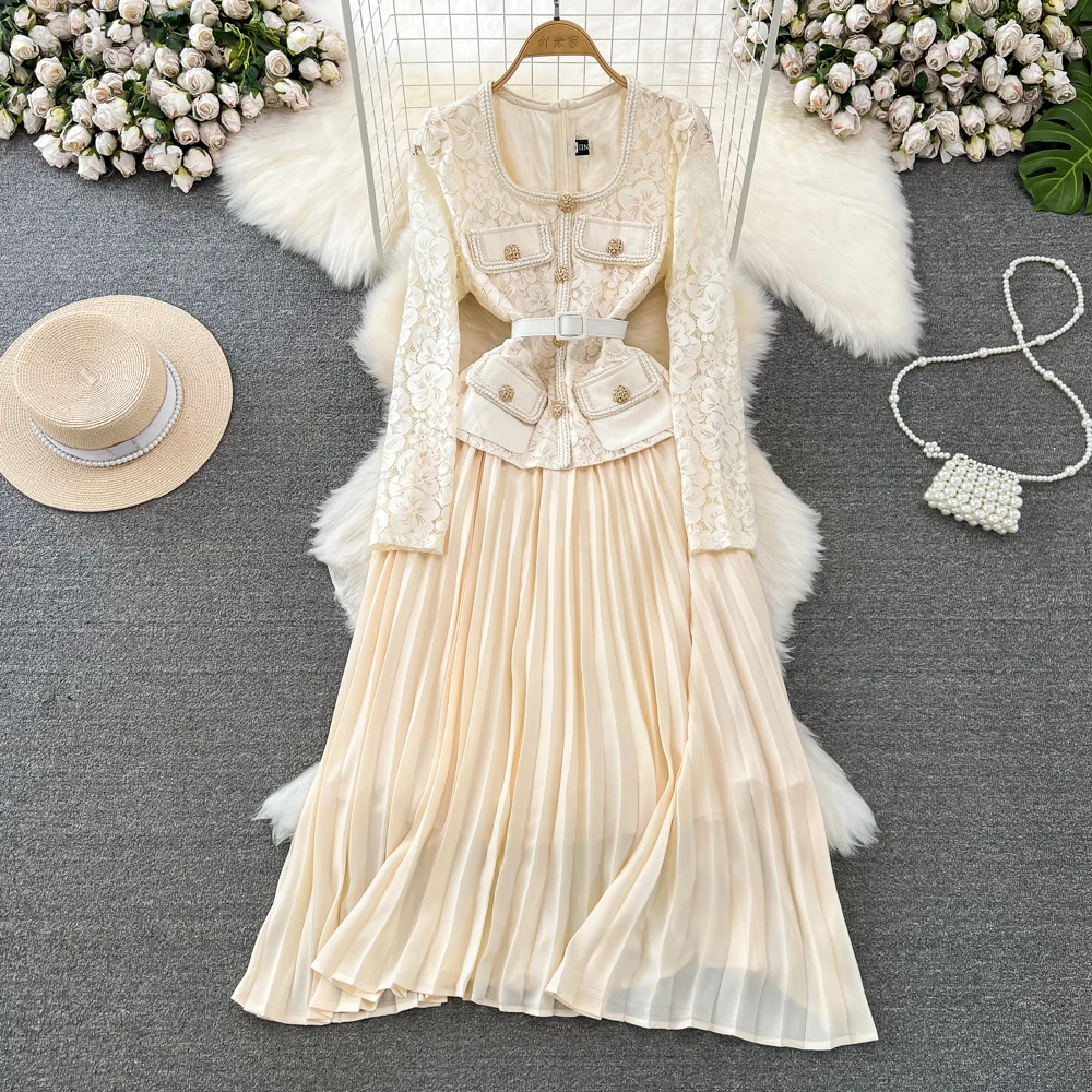 LE2606 Autumn Korean Lace Pleated Dresses Woman Temperament Long Sleeve  Square Collar Pockets Embroidery Pleated Socialite Dress