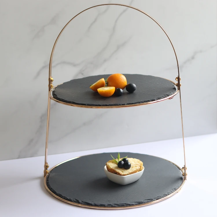 Golden Frame Dessert Display Platter Slate Cheese Board 2 Tiers Wedding Cake Stand