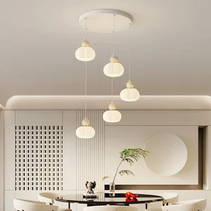Modern Cream Pumpkin Single & Three Head Suspension Wire Pendant Lights Simple Bar & Restaurant Design Small Bedroom Chandeliers