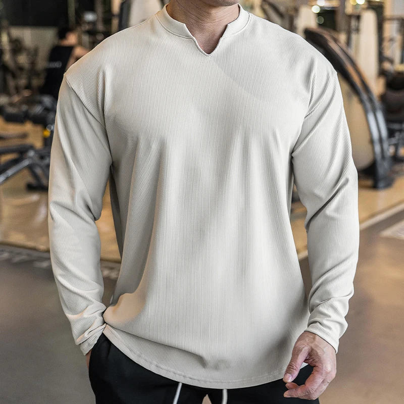 Men Muscle V-Neck Shirts Elastic Long Sleeve Workout Gym T-Shirts Tees  Bodybuilding