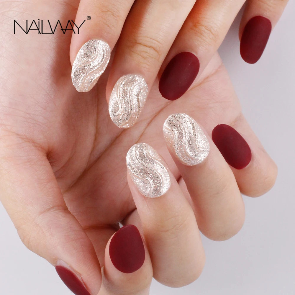 High Quality 3d Press On Nails Full Coverage Oval Wine Red & Gold Glitter  Acrylic Nails Press On Artificial Nail Designs - Buy 3d Press On Nails,Artificial  Nail Designs,Press On Artificial Nails