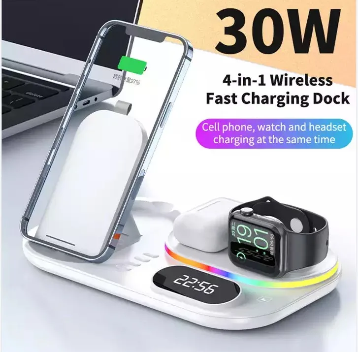 30W RGB LED Multifunctional Wireless Charger 3-in-1 Foldable Magnetic Charger Station with Night Light for iPhone and Samsung