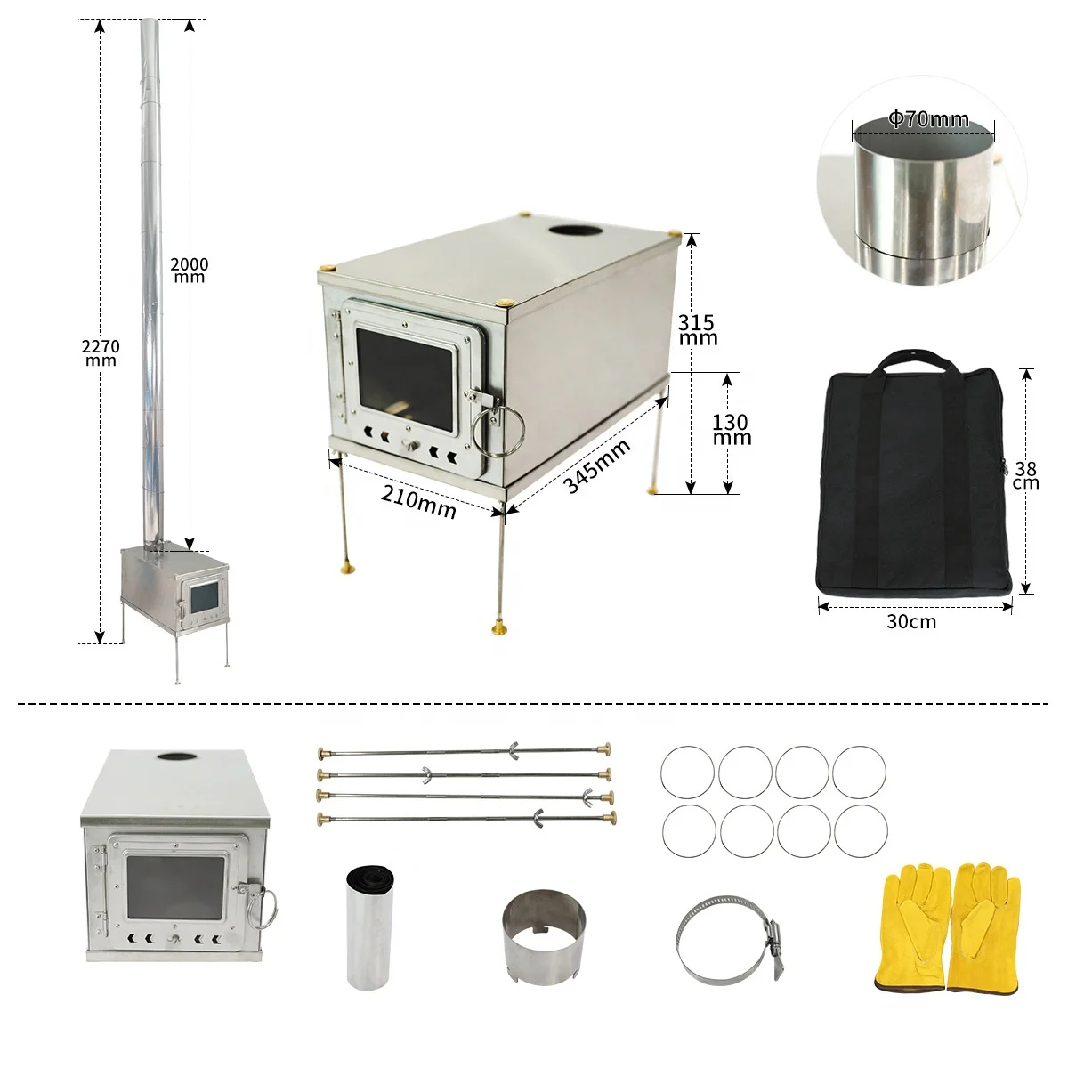 Wood Burning Stove, Outdoor Hot Tent Stove Kit With Chimney Pipes, Side