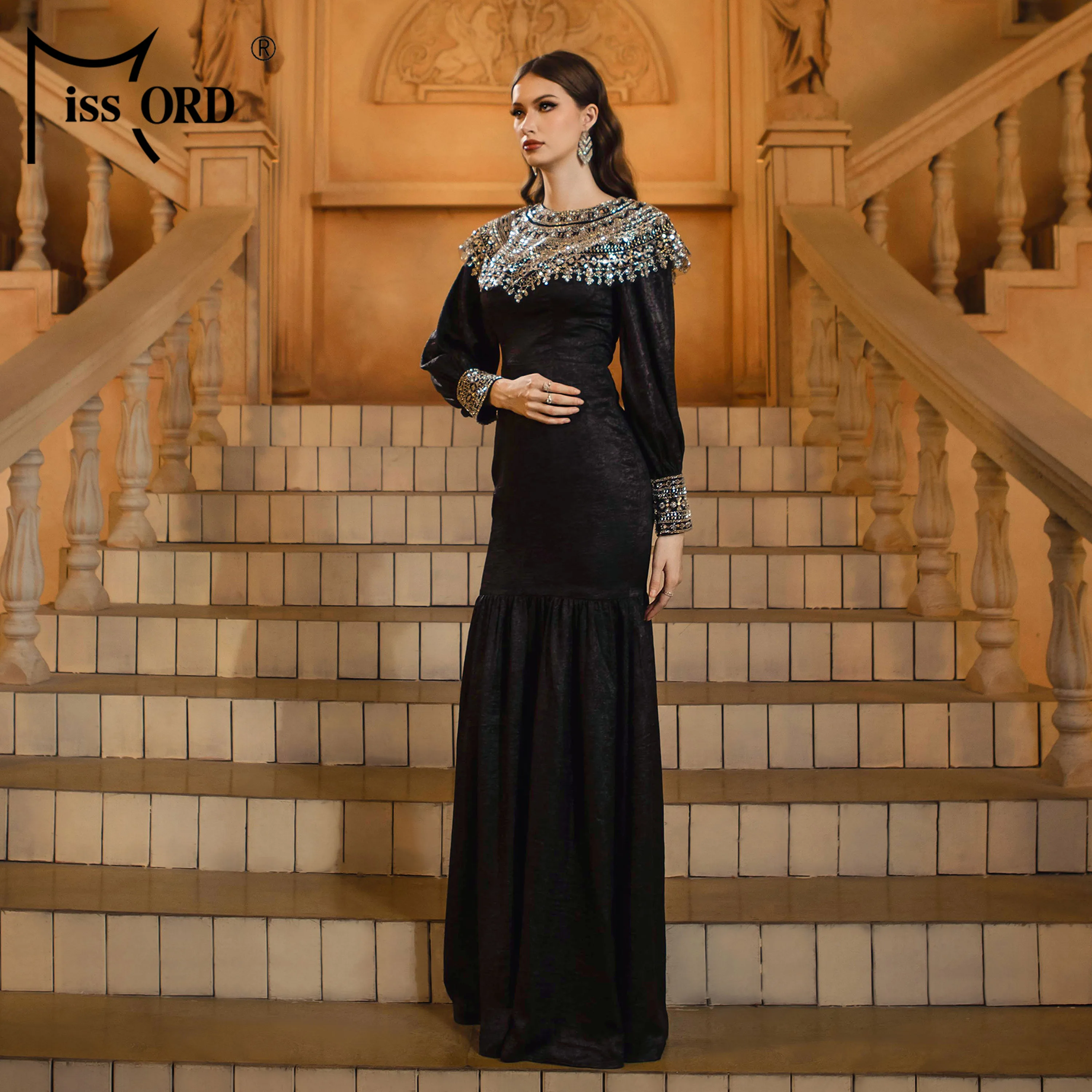 green emerald velvet dress Luxury Haute Couture Beading Long Sleeve Muslim Evening Dress MB40149 –  DESIRE DRESS
