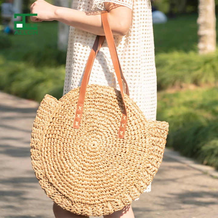 Large Round Straw Beach Bags Crochet Weave Cotton Lined Pocket Natural