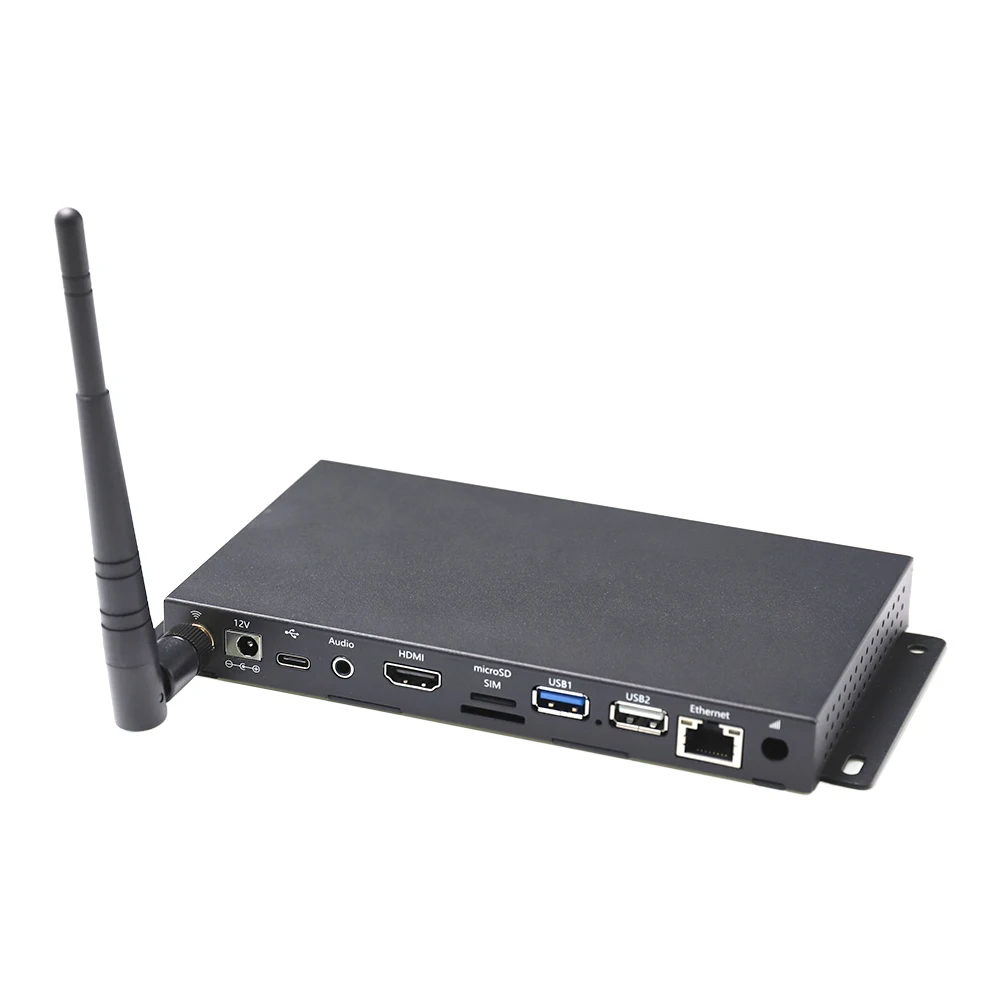 Android digital signage box with Rockchip RK3288 quad-core processor, EDP LVDS, high-definition 4K Ethernet, and interactive all-in-one interface.