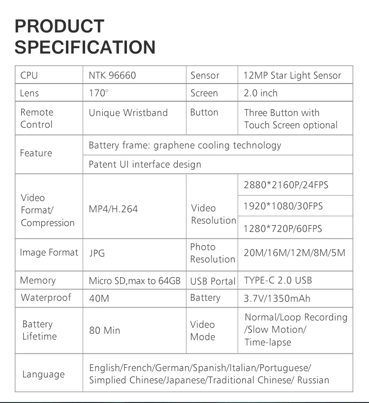 Patent UI design gray waterproof wifi 4k action camera
