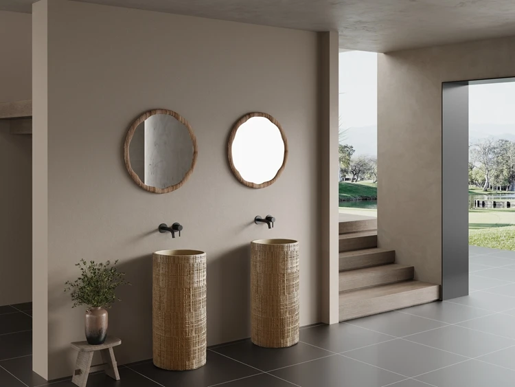 Wabi Sabi Style White Wood Grain Pattern Bathroom Pedestal Sink Artificial Stone Wash Basin Free Standing Bathroom Sink