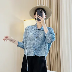 Women's Casual Loose Striped Button Down Collar Blouse with Side Ties - Fashionable Pleated Top for Daily Wear