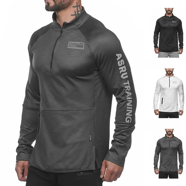 Custom OEM Lightweight Long Sleeve Quarter Zip Pullover Polyester Workout  thin trendy brand slim fit solid T Shirts For Men