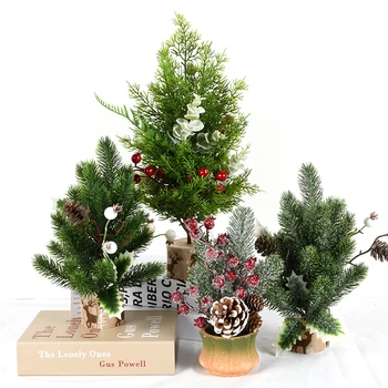 Wholesale PE potted Tree Mini Christmas Used for indoor decoration Tree Mini Christmas Tree green Pine white berry