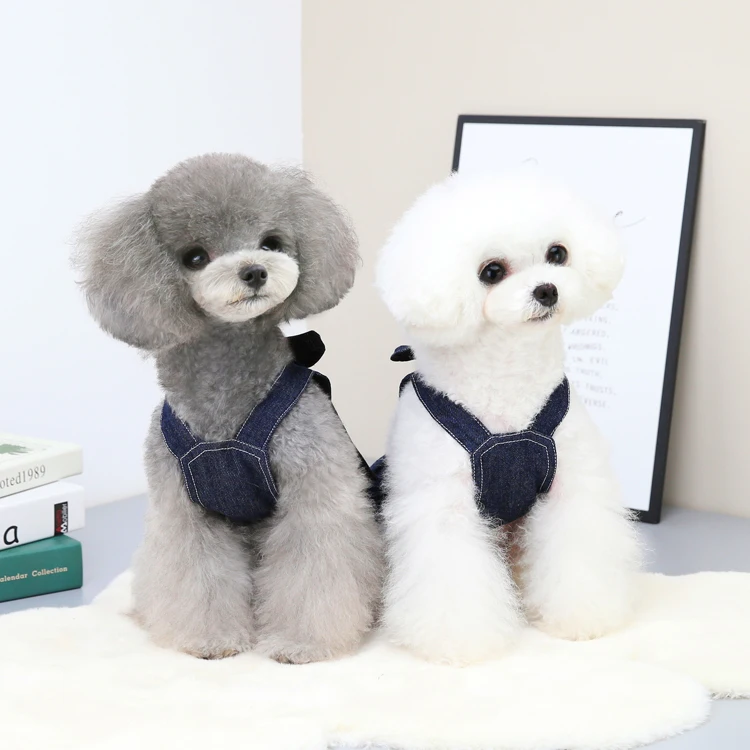 Popular Hot Sale Spring Summer Pet Clothes Big Bow Tie Jeans Dog Vest T-shirt Dress XS Clothes with Hanger for Dog Leads