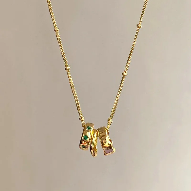 Brass Necklace with Green Zircon Triple Circle Pendant