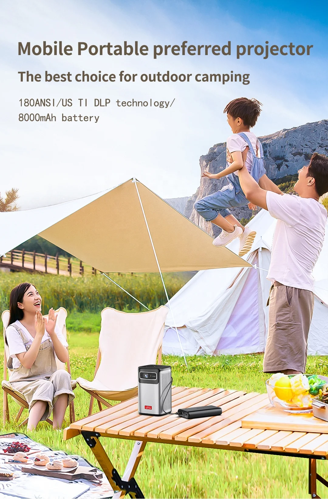 Hot Selling Short Throw Desk Beamer Smart Android 9 System Mini DLP Full HD  Camping Tent Outdoor Battery 4K Projector