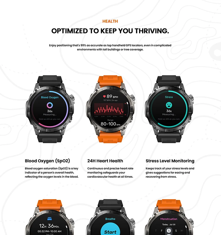 Zeblaze Stratos 2 Plus GPS Smart Watch 1.43'' AMOLED Display Compass Barometric Altimeter Bluetooth Phone Calls Smartwatch