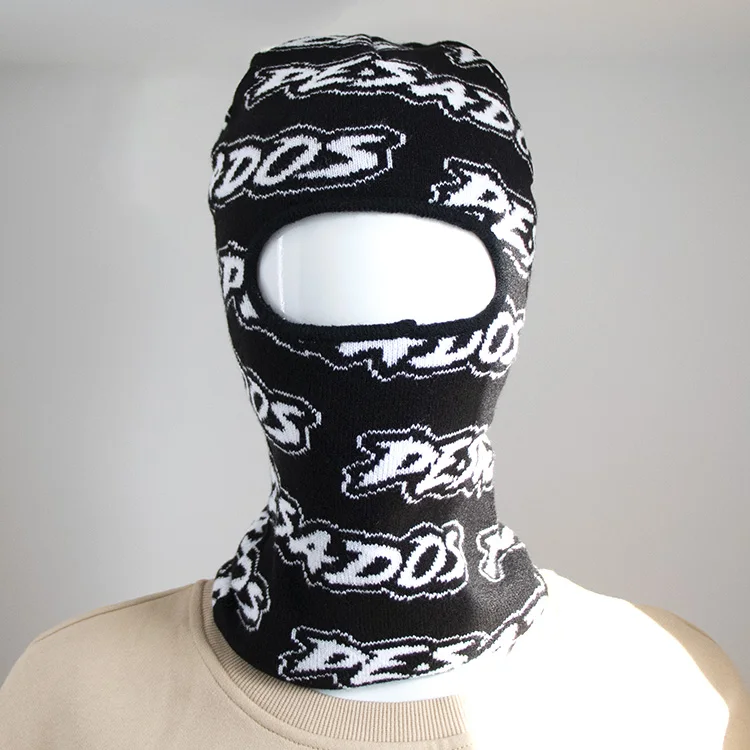 Designer Ski Mask Outdoor Black Full Face Jacquard Logo One Hole Knit