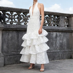 ZYHT 70121 Summer Elegant Chic Layered Cake Ruffle Maxi Long Lace Halter V Neck Sexy Sleeveless Backless White Dress for Women