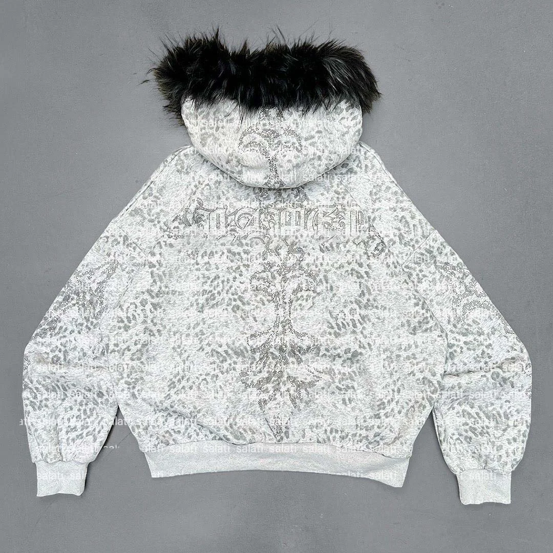 Salati Manufacturer Custom Huddies French Terry Diamond Leopard Printed Rivet Studded Faux Fur Zip up Rhinestone Hoodies for Men gallery 2