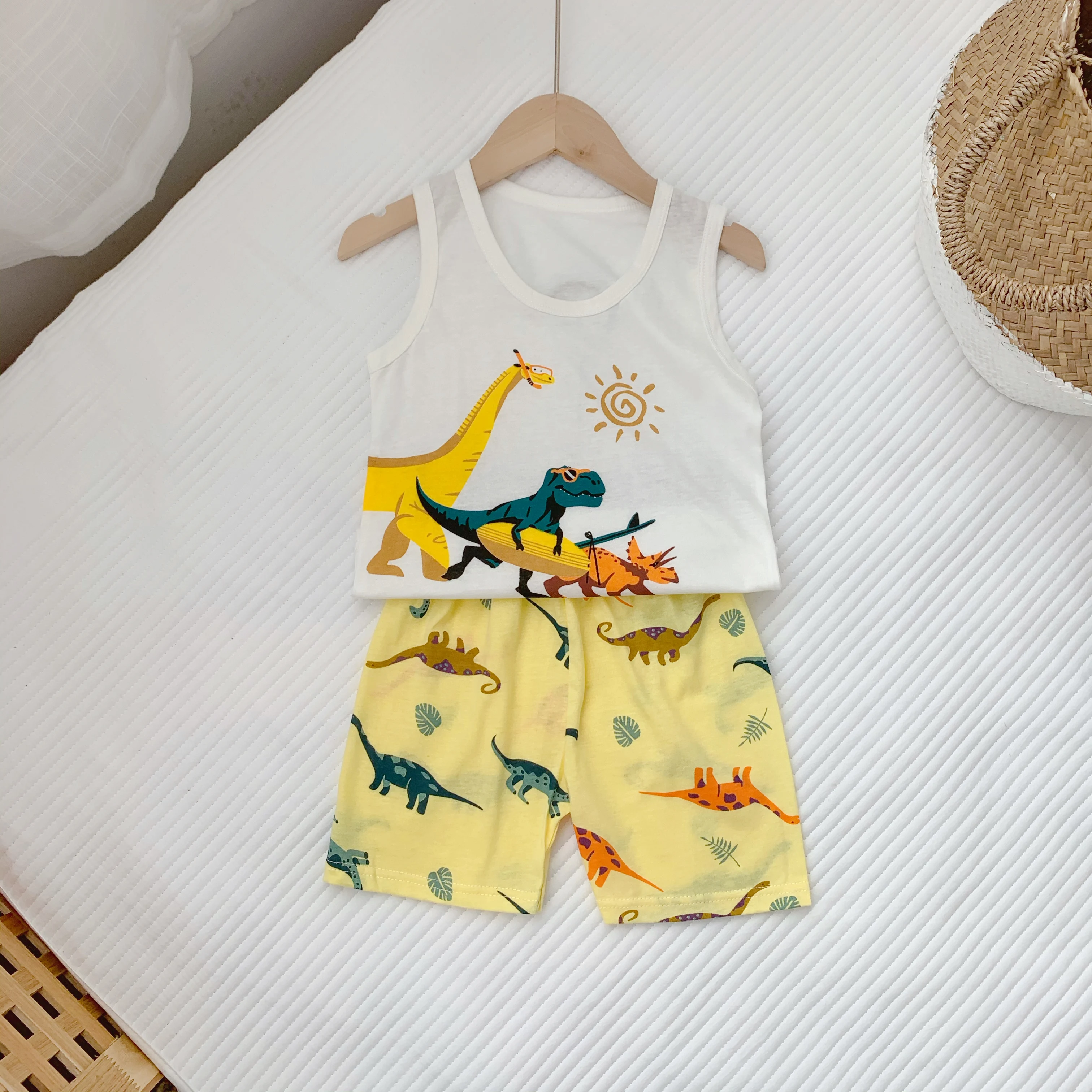 Однотонный пижамный комплект для девочек, тонкая летняя Пижама с мультяшным принтом и рукавами средней длины, комплект детской одежды на лето