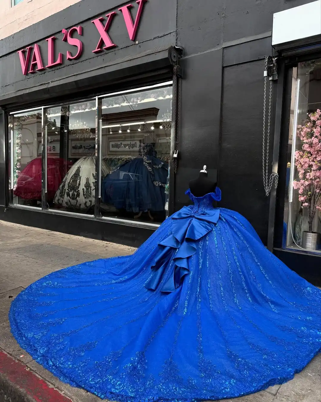 debut royal blue dress Mumuleo Quinceanera Sweep Train Ball Gown Floor-Length Modern Design Satin Fabric Embroidered Lace Natural Bow Size:40DD Spring buckle is included review_rating|2+ Stars Blue slip dress by