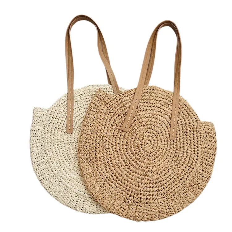 Round Straw Bag with Leather Long Handle