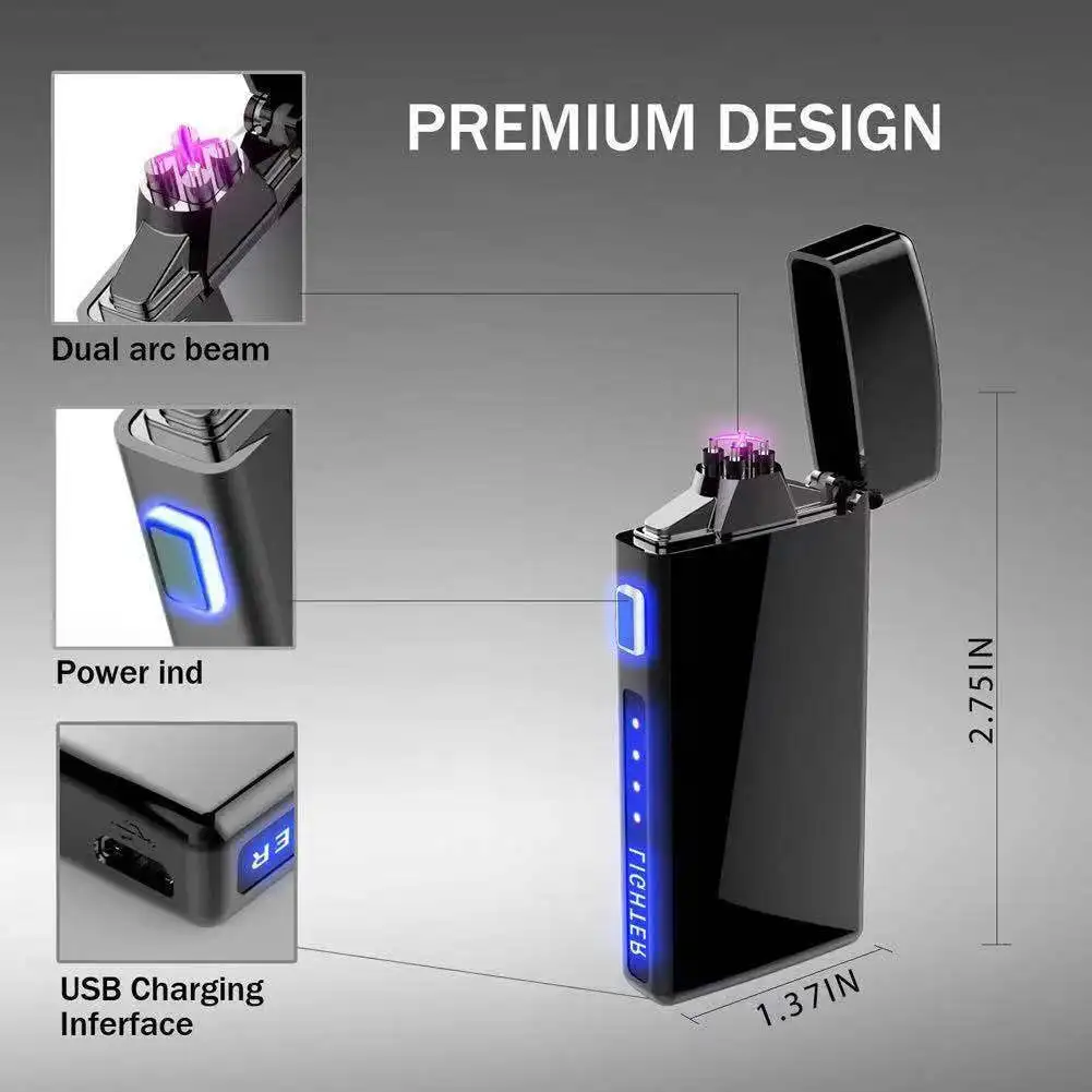 High Quality Wholesale Metal Double Arc Lighter,Touch-sensing Custom Windproof Pulse Rechargeable USB Lighter With Power Display