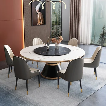 HANYEE Italian Marble Dining Table Set Home Kitchen Round Rotating Moon Dining Table